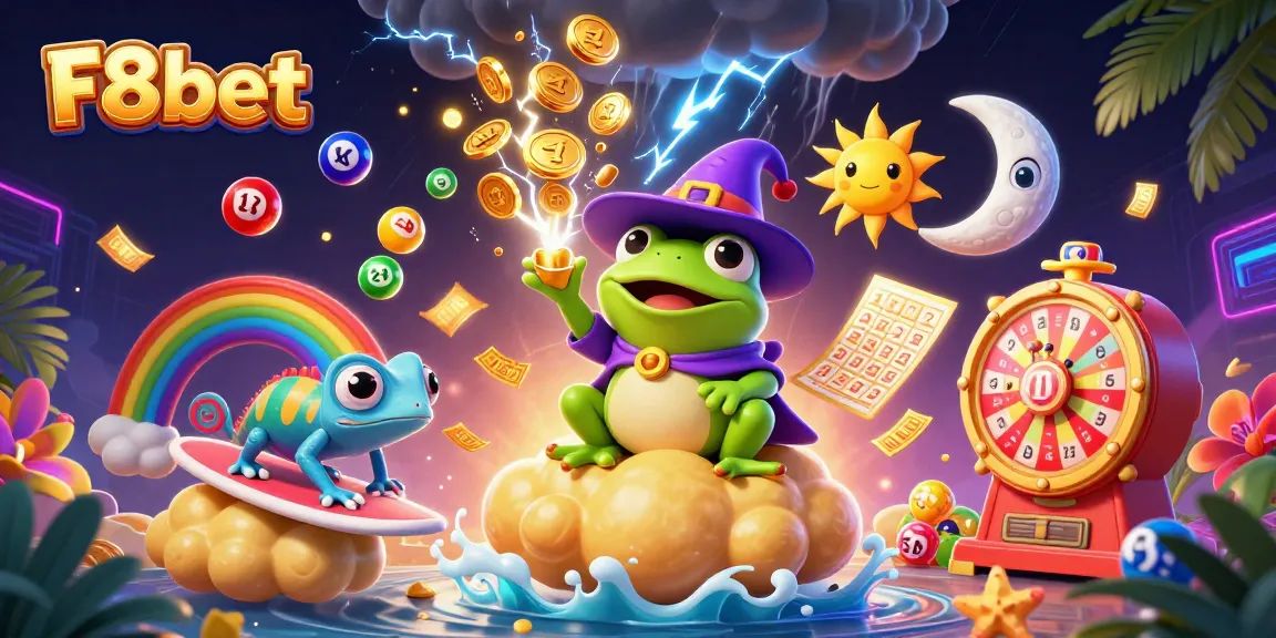 Experience F8bet's vibrant gaming atmosphere with a wizard frog and chameleon amidst gold coins.