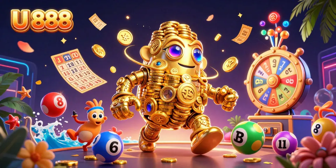 Experience the excitement of U 888 with a vibrant 3D illustration of casino elements and a golden golem.