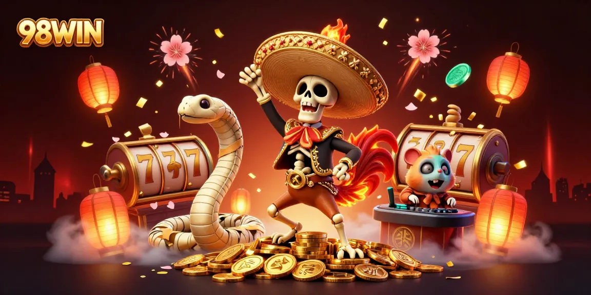Experience the vibrant casino excitement with 98WIN through golden coins, slot reels, and festive characters.