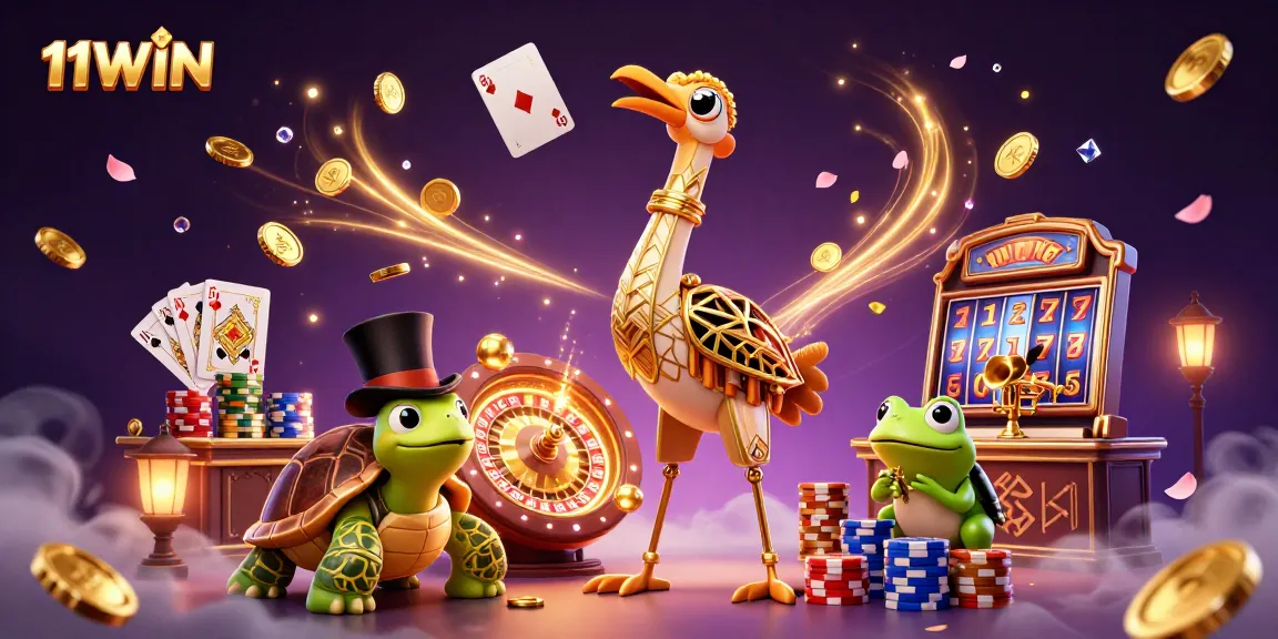 Seize winnings at 11WIN with a vibrant 3D casino scene, featuring whimsical characters and classic games.