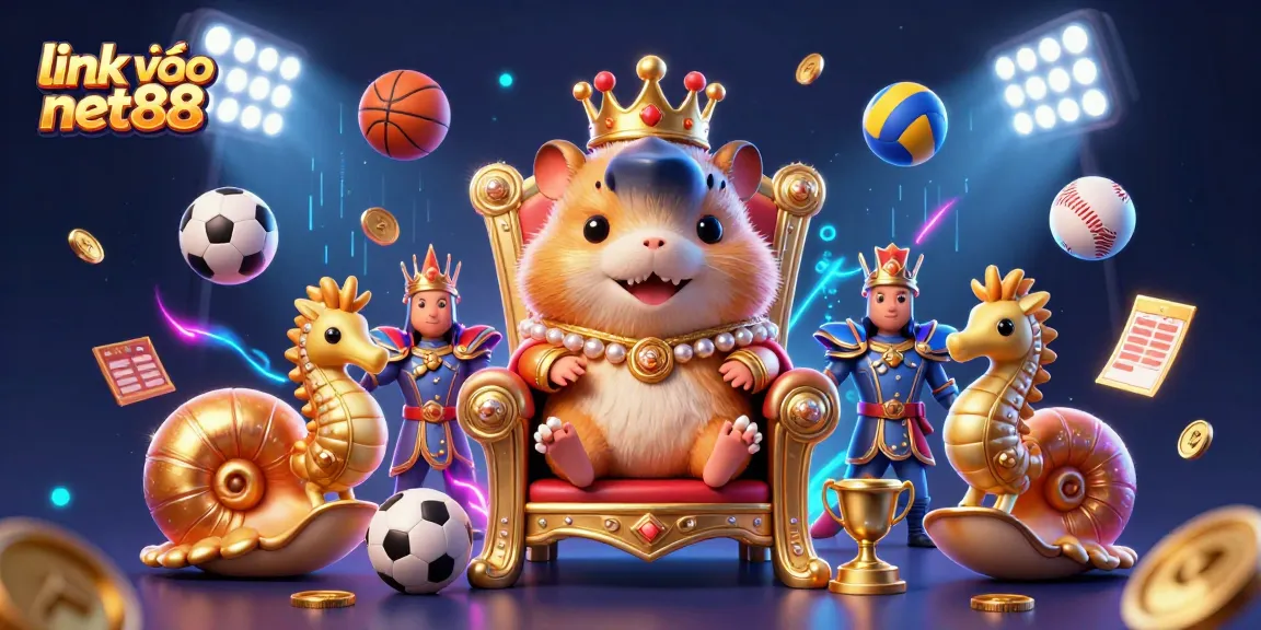 Engage with link vào net88 as the golden hamster king rules a vibrant casino scene filled with sports elements.