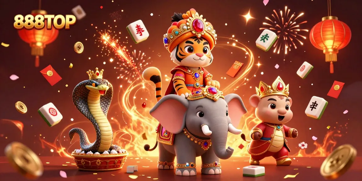 Experience the thrill of 888TOP with a vibrant scene of a majestic tiger and elephant amidst casino elements.