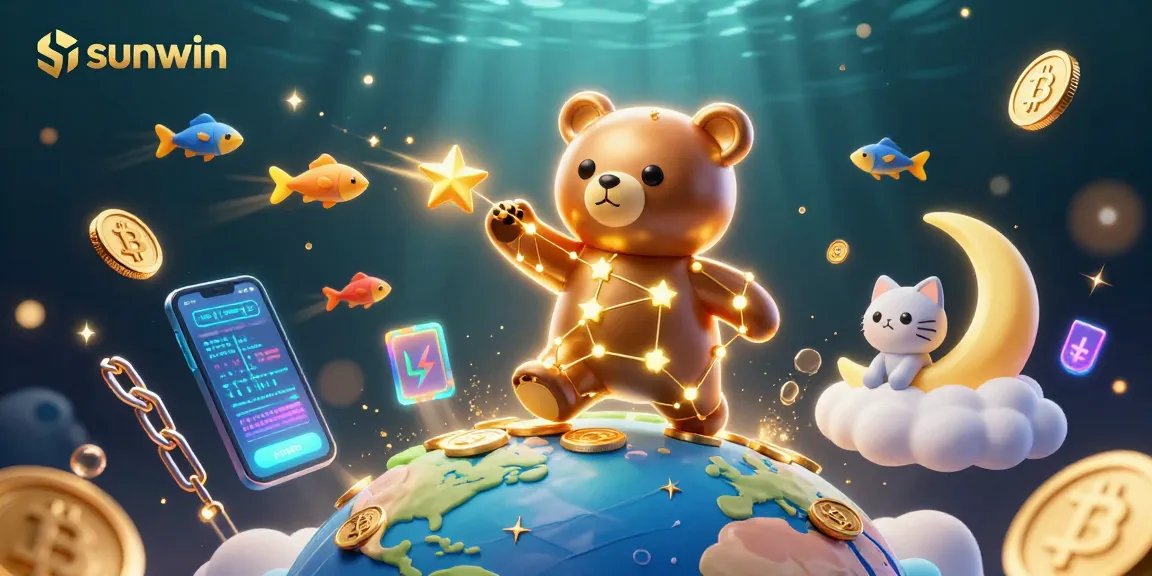 Join the fun at Sunwin with vibrant 3D elements of gambling including stars, coins, and crypto visuals.