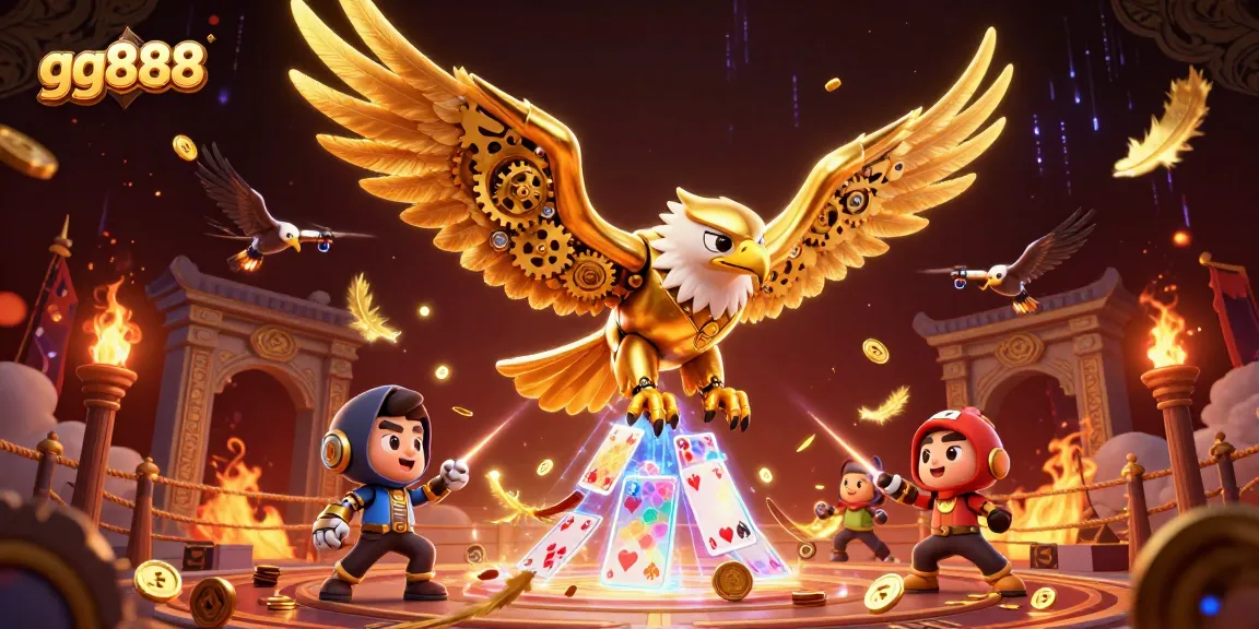 Experience thrilling gameplay with gg888, showcasing a cybernetic eagle and holographic cards in an energetic casino setting.
